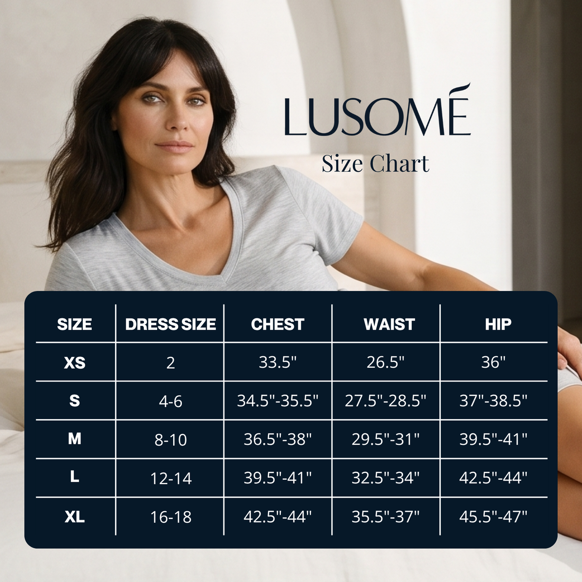 Lusomé body measurements in inches, XS to XL
