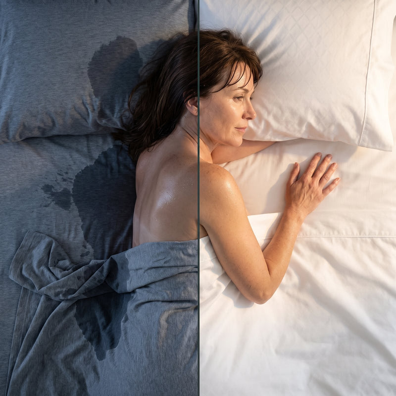 Split image: soaked at midnight in ordinary sheets, then waking up dry in white Lusome sheets