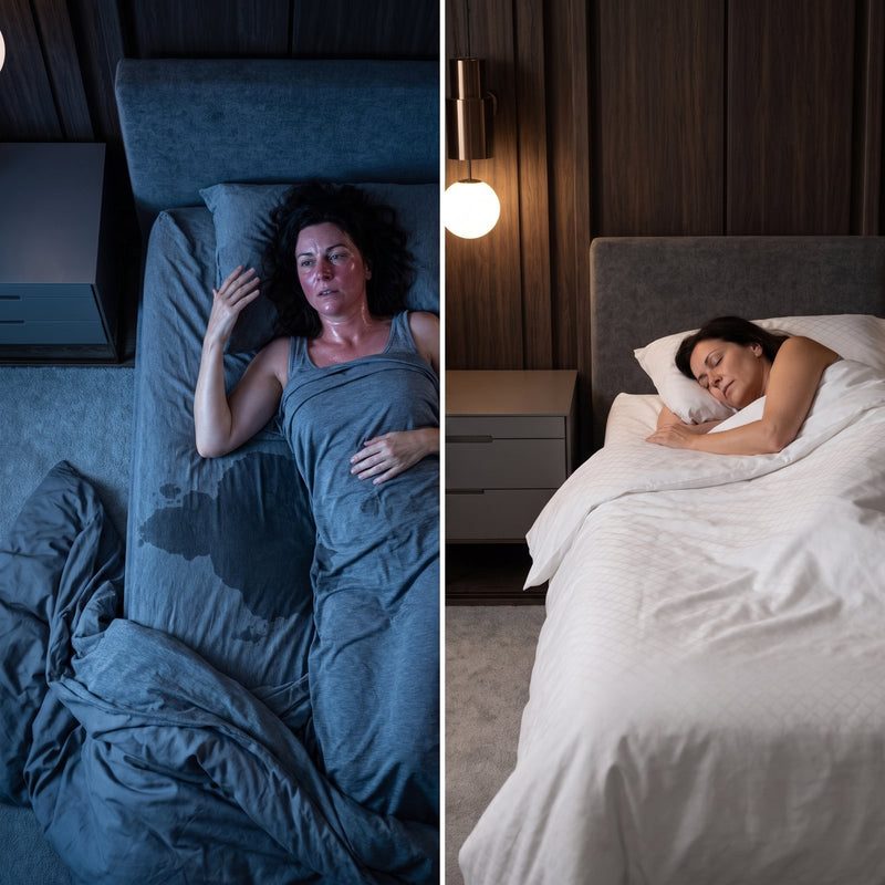 Split image: burning up at 2 a.m. with the duvet thrown off, then shivering at 3 a.m. in a damp bed