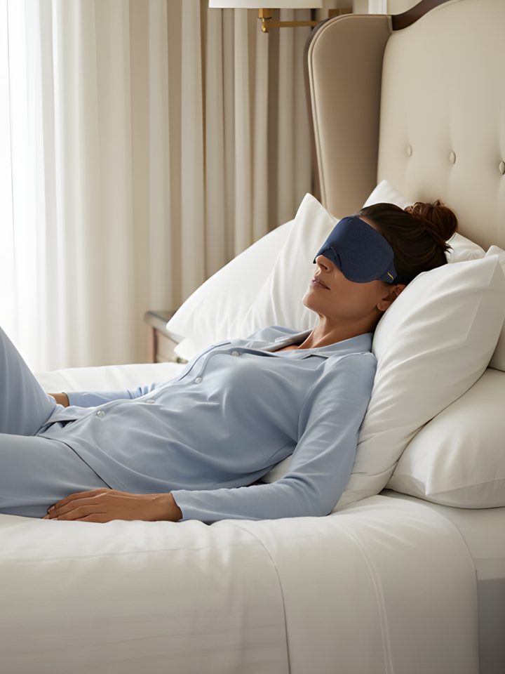 The Collagen Infusion Sleep Mask, worn in bed